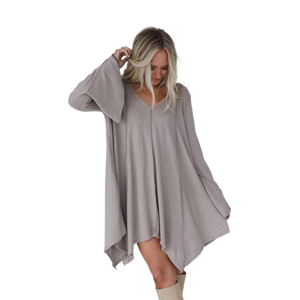 Three Bird Nest Golden Hour Long Bell Sleeve Tunic Dress Gray Boho(Size XL)